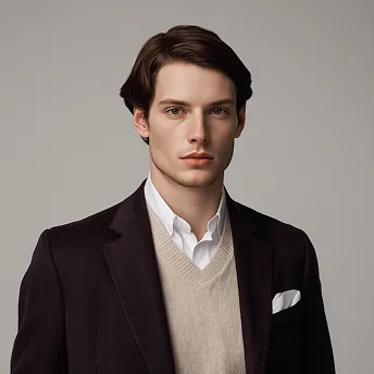 Young man with dark hair in a blazer, beige sweater, and white shirt against gray background.