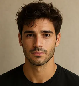 Portrait of a young man with dark hair, beard, and serious expression wearing a black shirt.