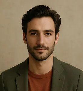 Portrait of a man with dark hair and beard wearing a green blazer and brown shirt against a beige background.