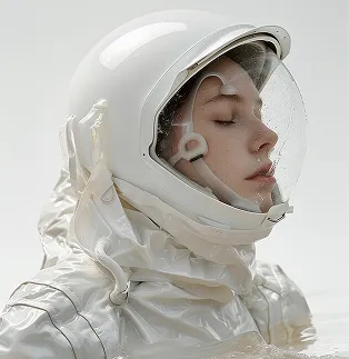 Person in a shiny white space suit with closed eyes inside a clear helmet visor.