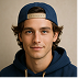 Young man with blue backward cap and navy hoodie looking at camera on beige background.