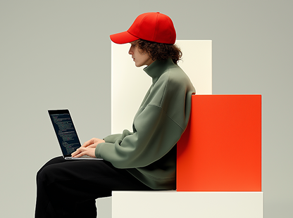 Person in red cap and green jacket typing on laptop while seated between white and orange blocks.
